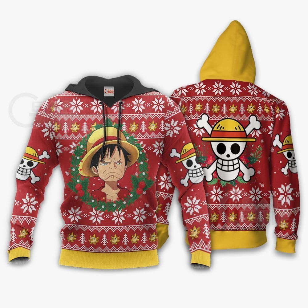 Luffy Ugly Christmas Sweater Funny Face One Piece Anime Xmas GO0110